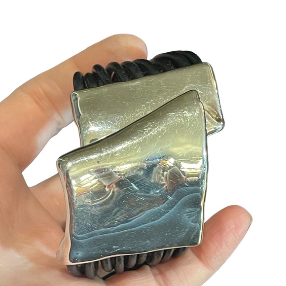 Sterling silver modernist 925 Israel bracelet multi strand leather strap - Picture 3 of 11